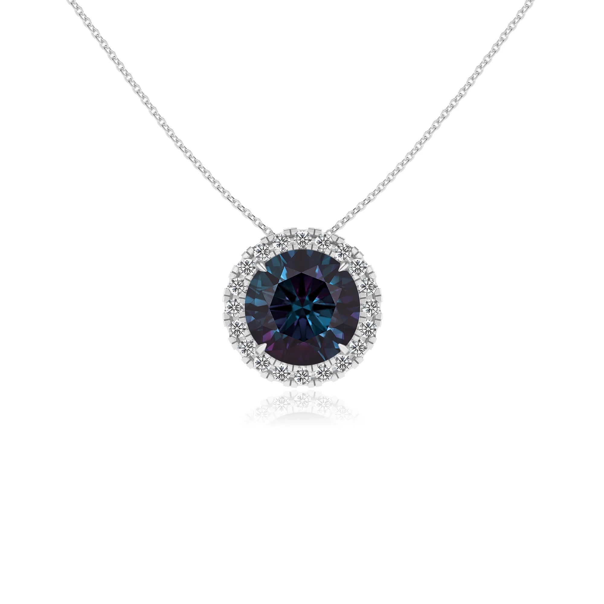 lab grown alexandrite round solitaire necklaces in white gold