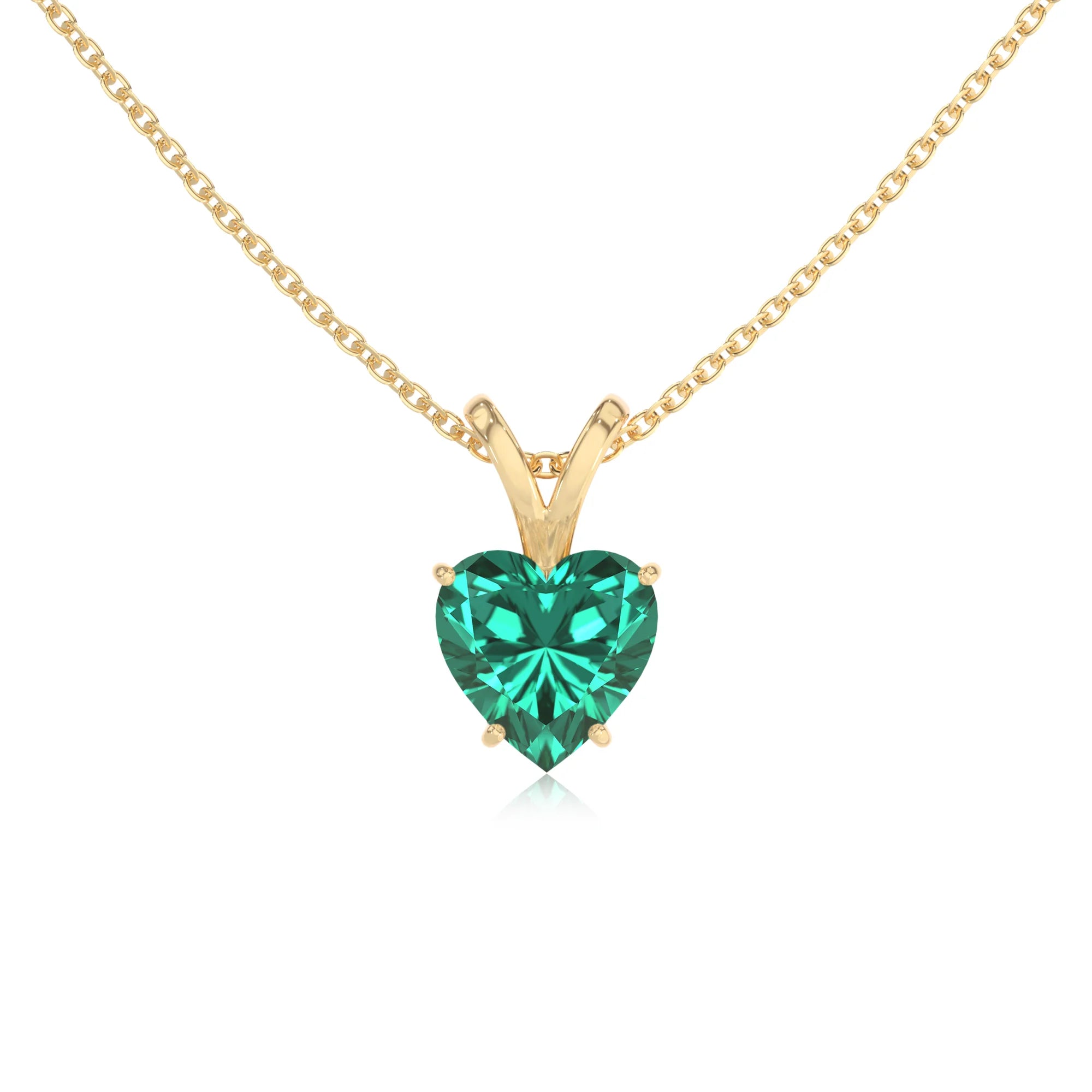 lab grown emerald heart solitaire v-bale necklaces in yellow gold