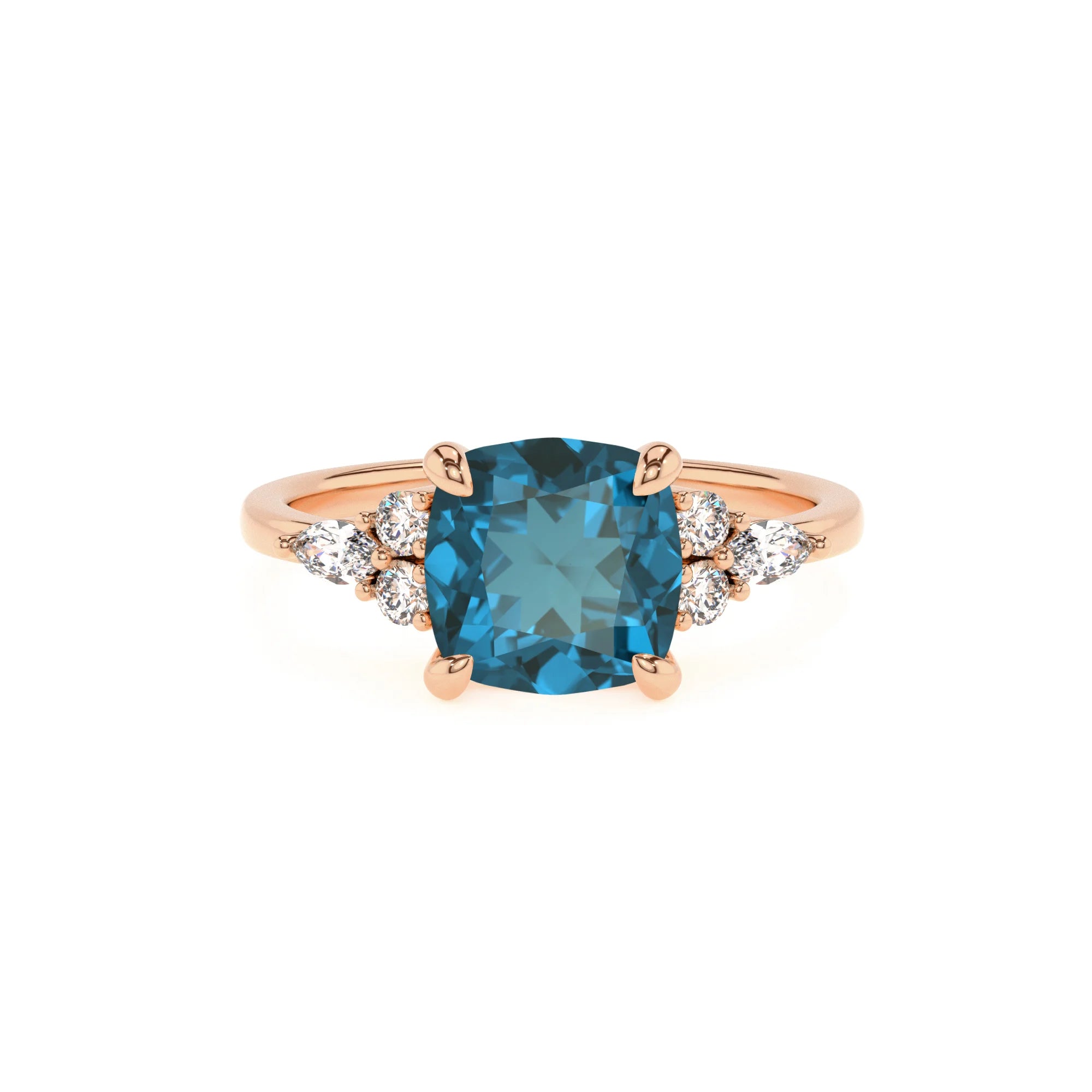 natural london-blue-topaz cushion solitaire rings in rose gold
