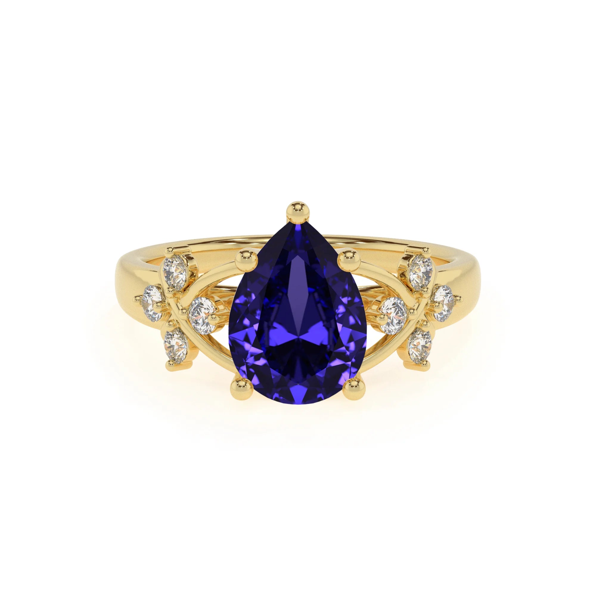 lab grown tanzanite pear solitaire rings in yellow gold