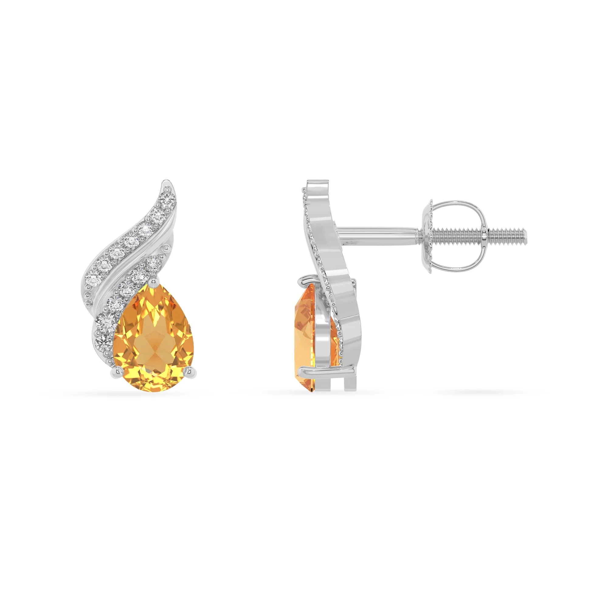 lab grown citrine pear stud earrings in white gold