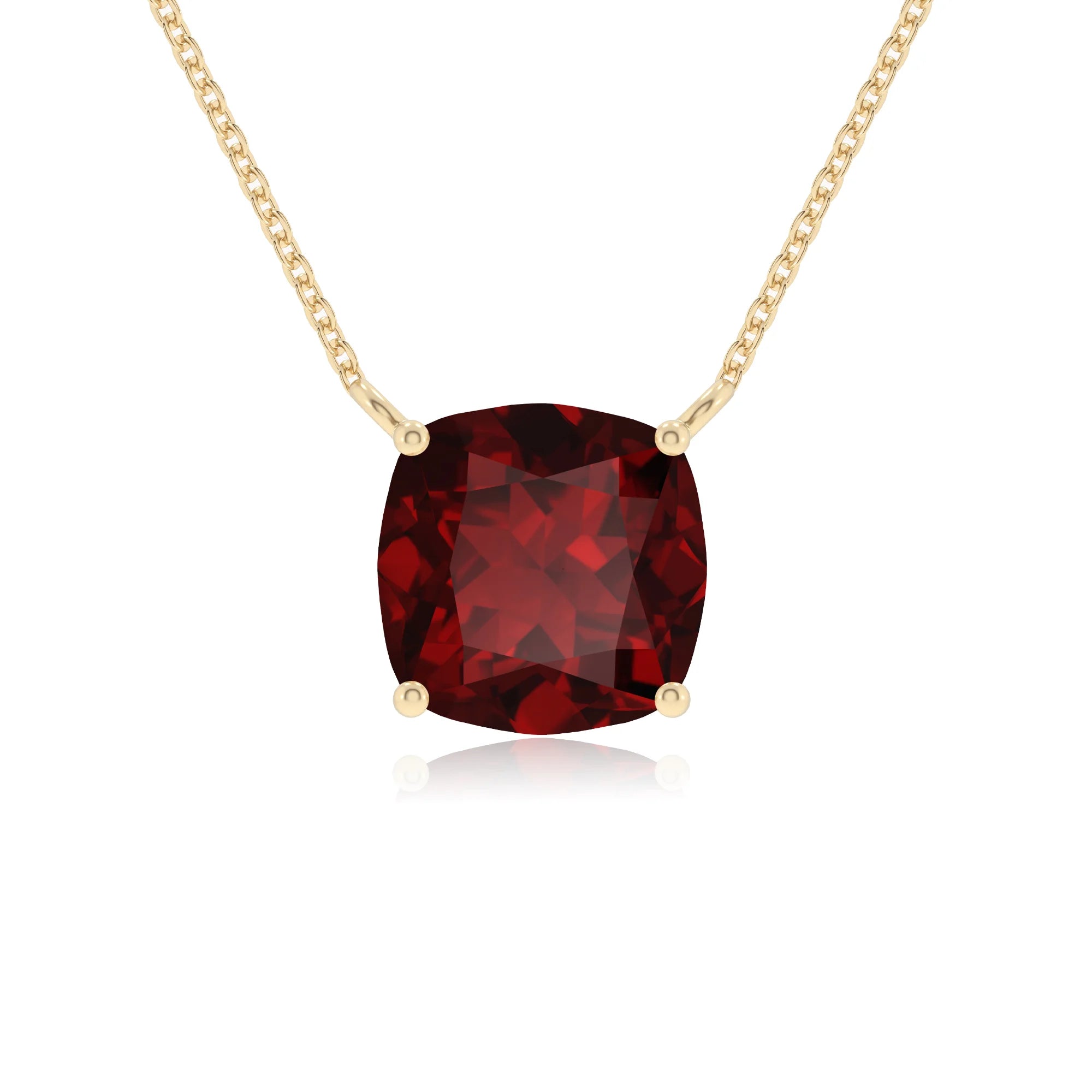 natural garnet cushion solitaire necklaces in yellow gold