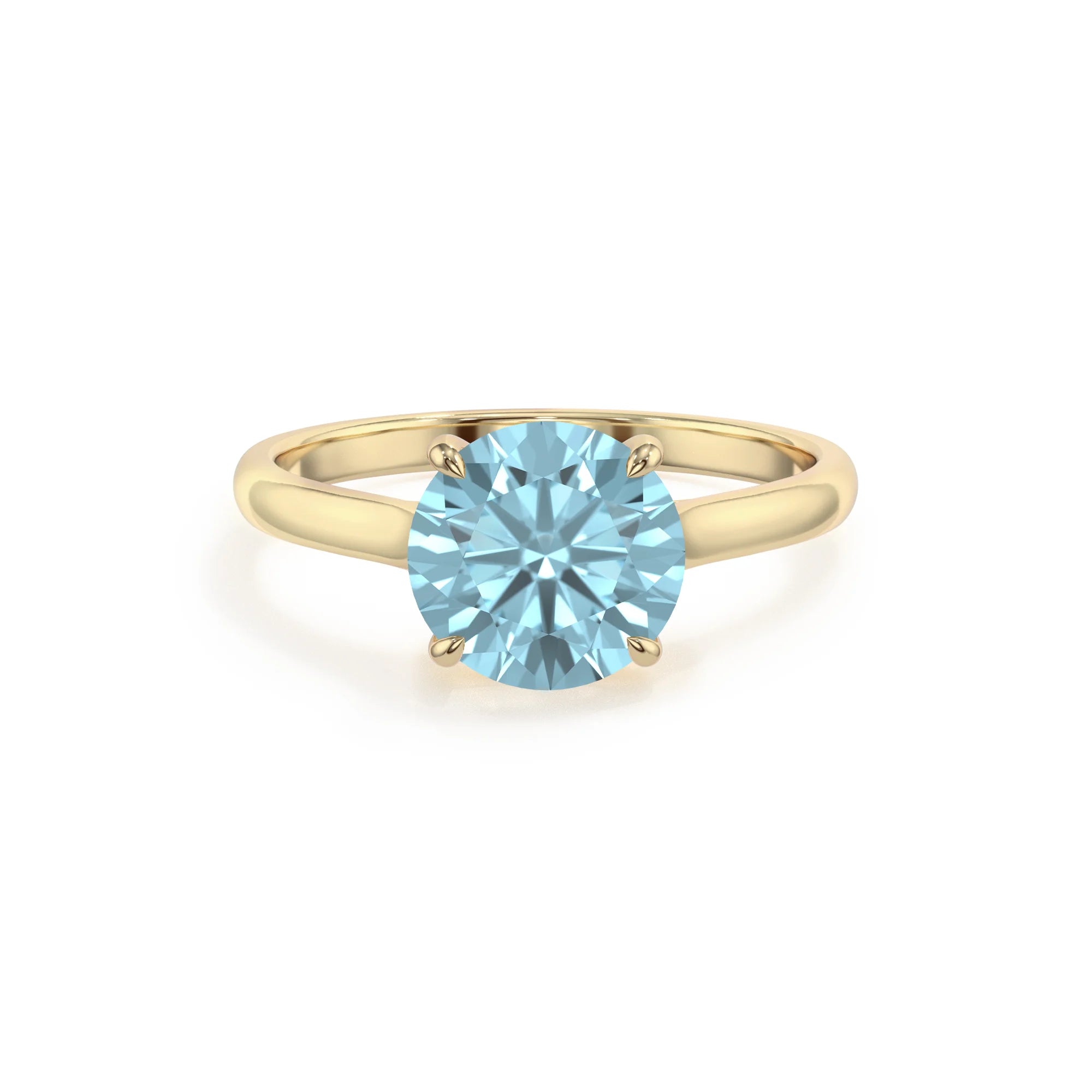lab grown aquamarine round solitaire rings in yellow gold