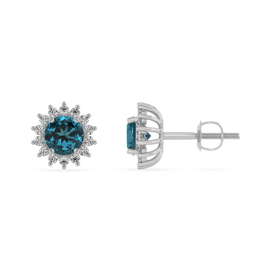 natural london blue topaz round stud earrings in platinum