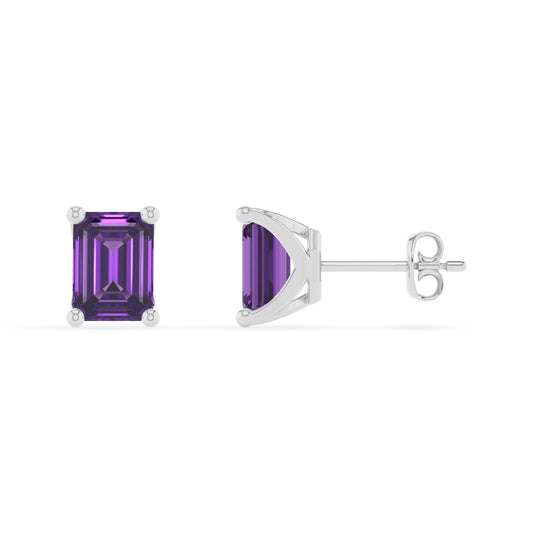lab grown amethyst emerald cut stud earrings in white gold
