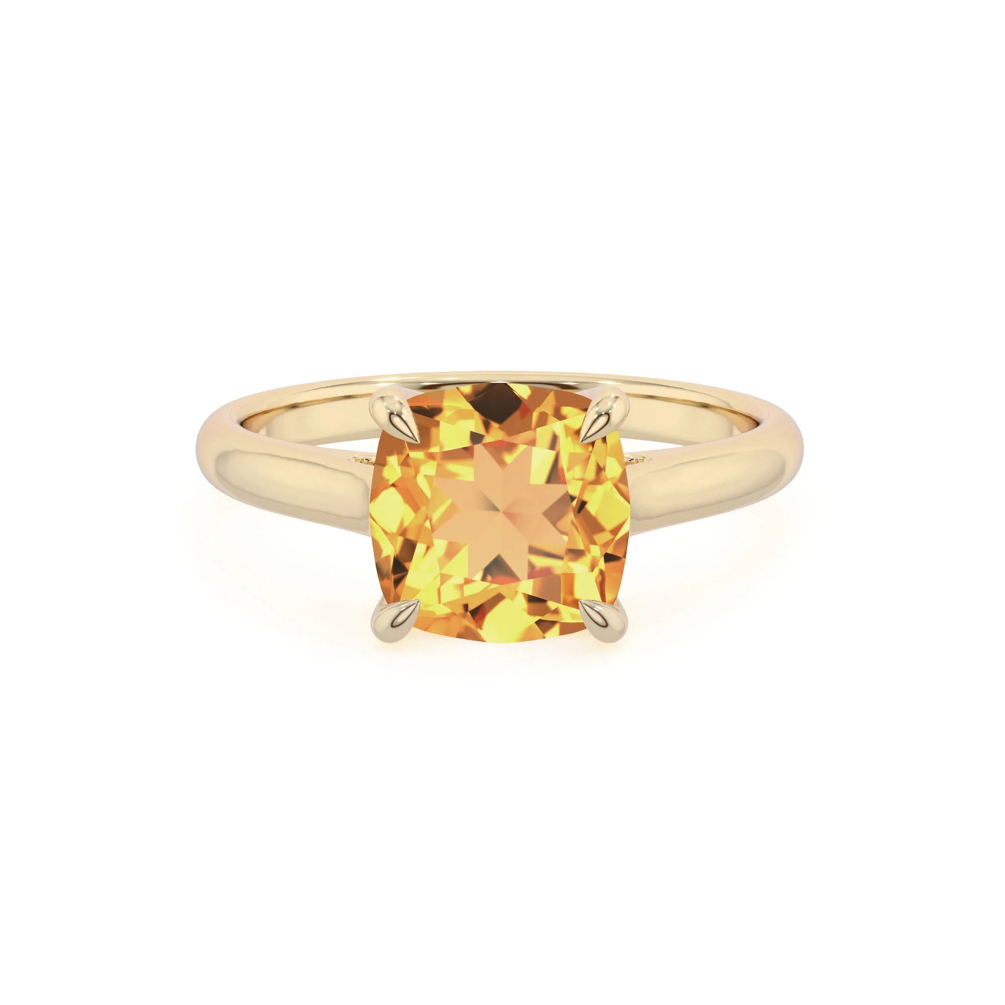 lab grown citrine cushion solitaire rings in yellow gold