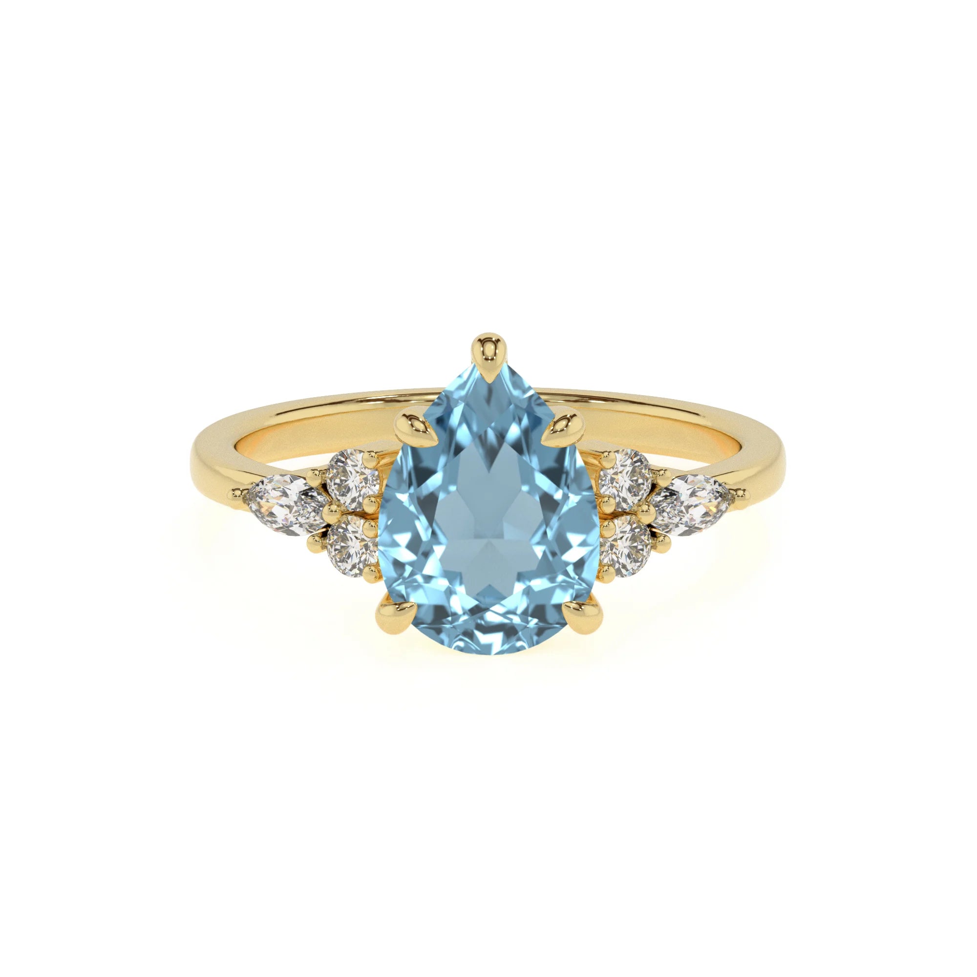 lab grown aquamarine pear solitaire rings in yellow gold