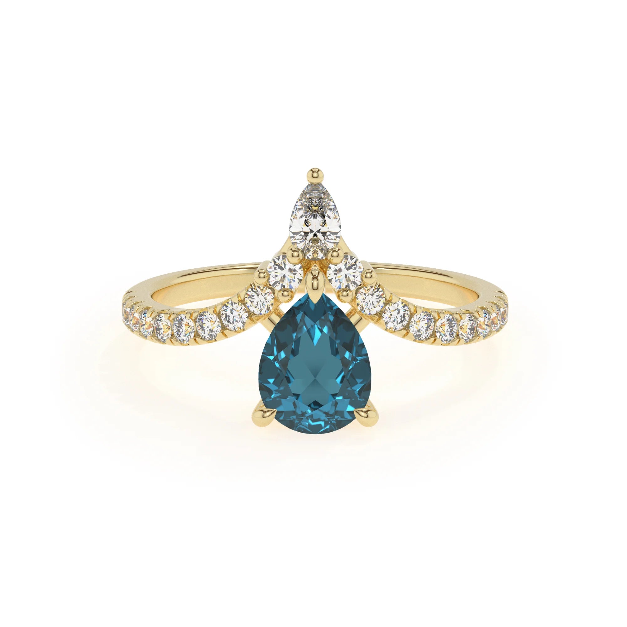 natural london-blue-topaz pear solitaire rings in yellow gold