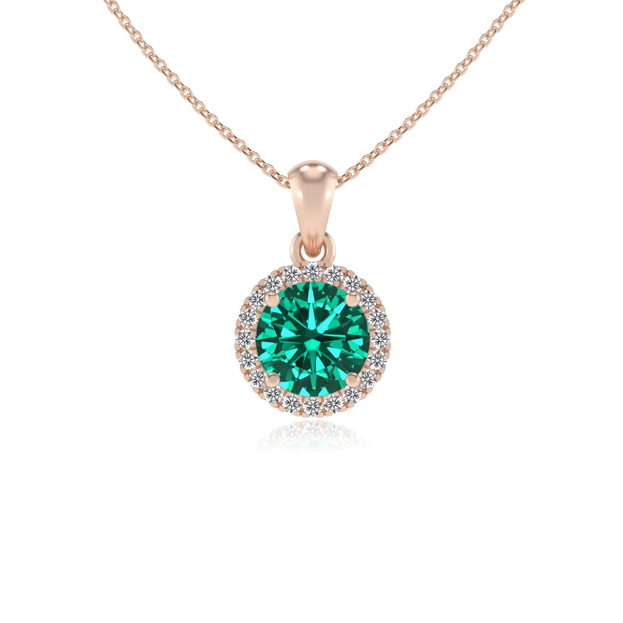 lab grown emerald round solitaire necklaces in rose gold