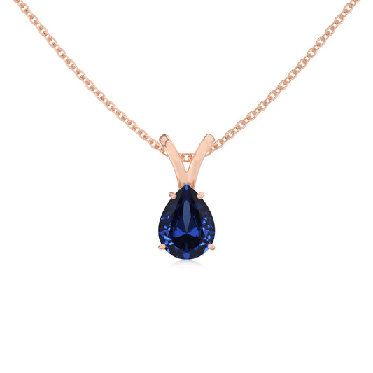 lab grown blue-sapphire pear solitaire v-bale necklaces in rose gold
