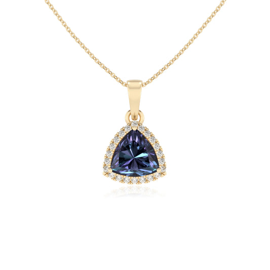 lab grown alexandrite trillion solitaire necklaces in yellow gold