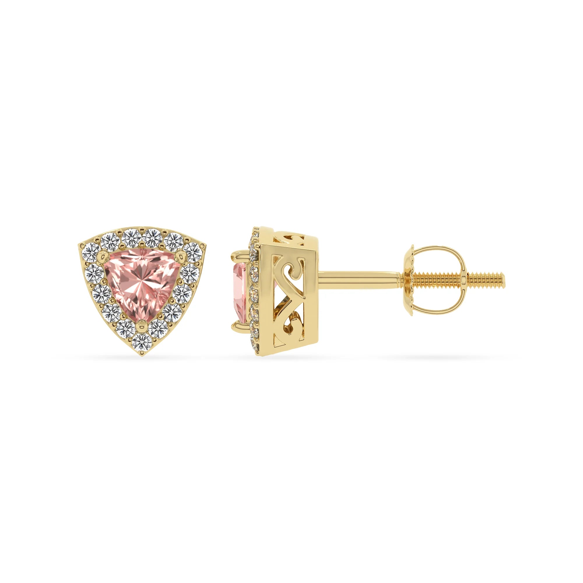 lab grown morganite trillion stud earrings in yellow gold