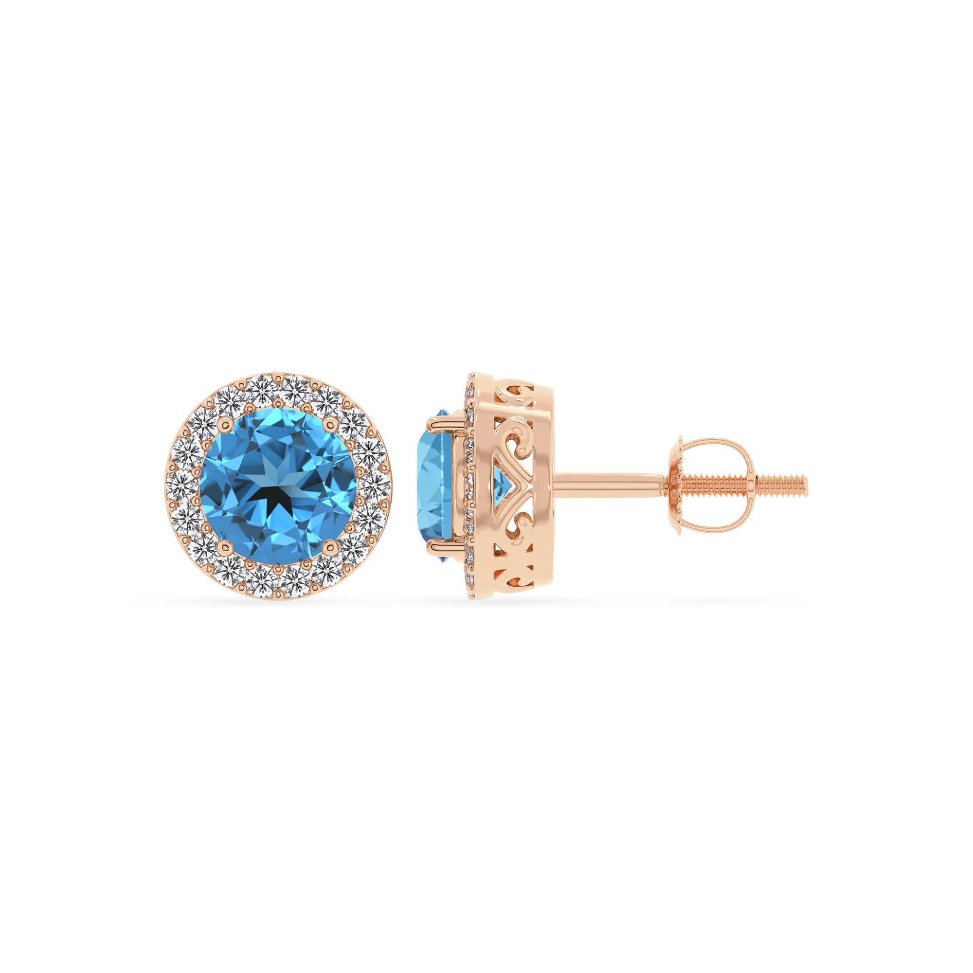 natural swiss blue topaz round stud earrings in rose gold