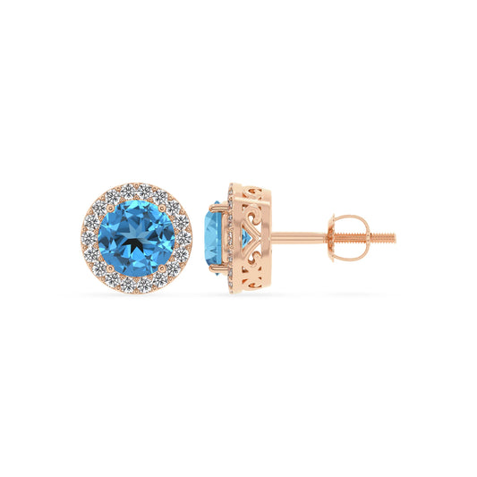 natural swiss blue topaz round stud earrings in rose gold