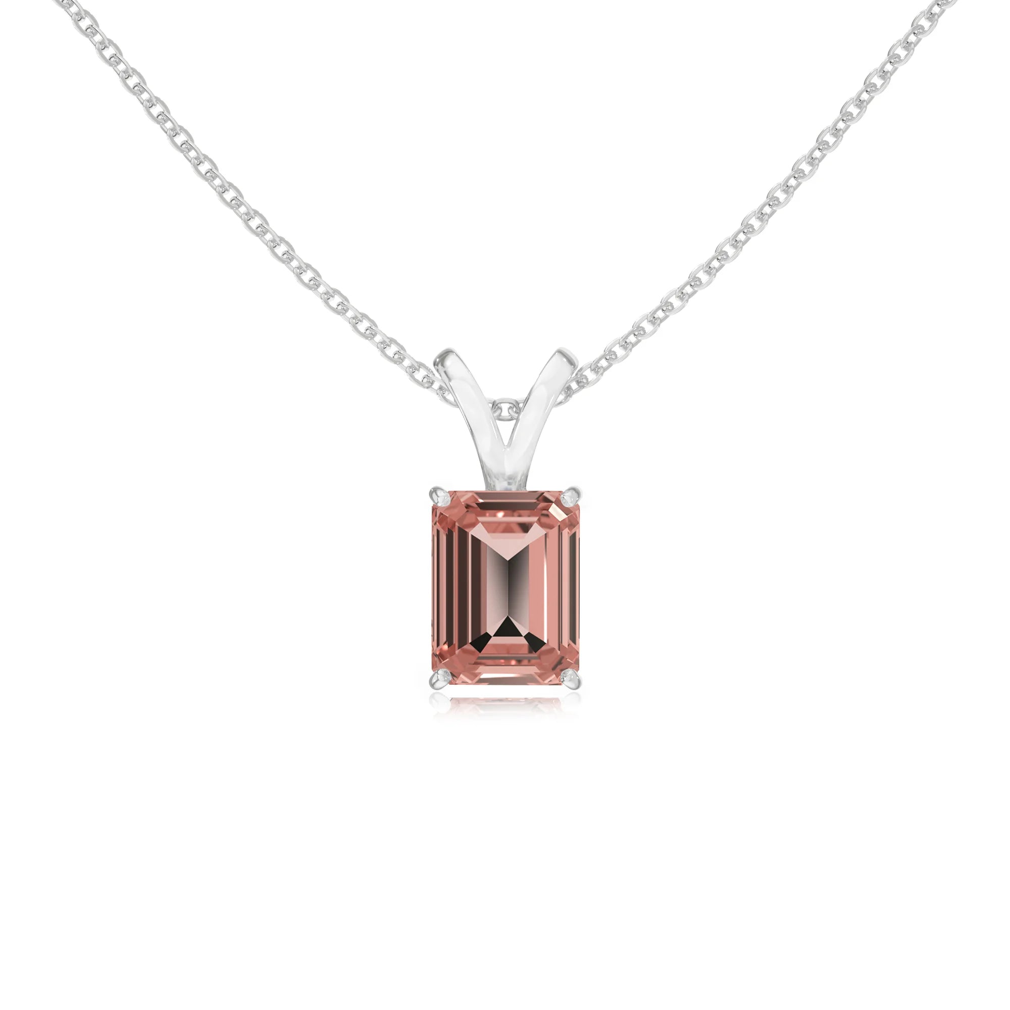 lab grown morganite emerald cut solitaire v-bale necklaces in sterling silver