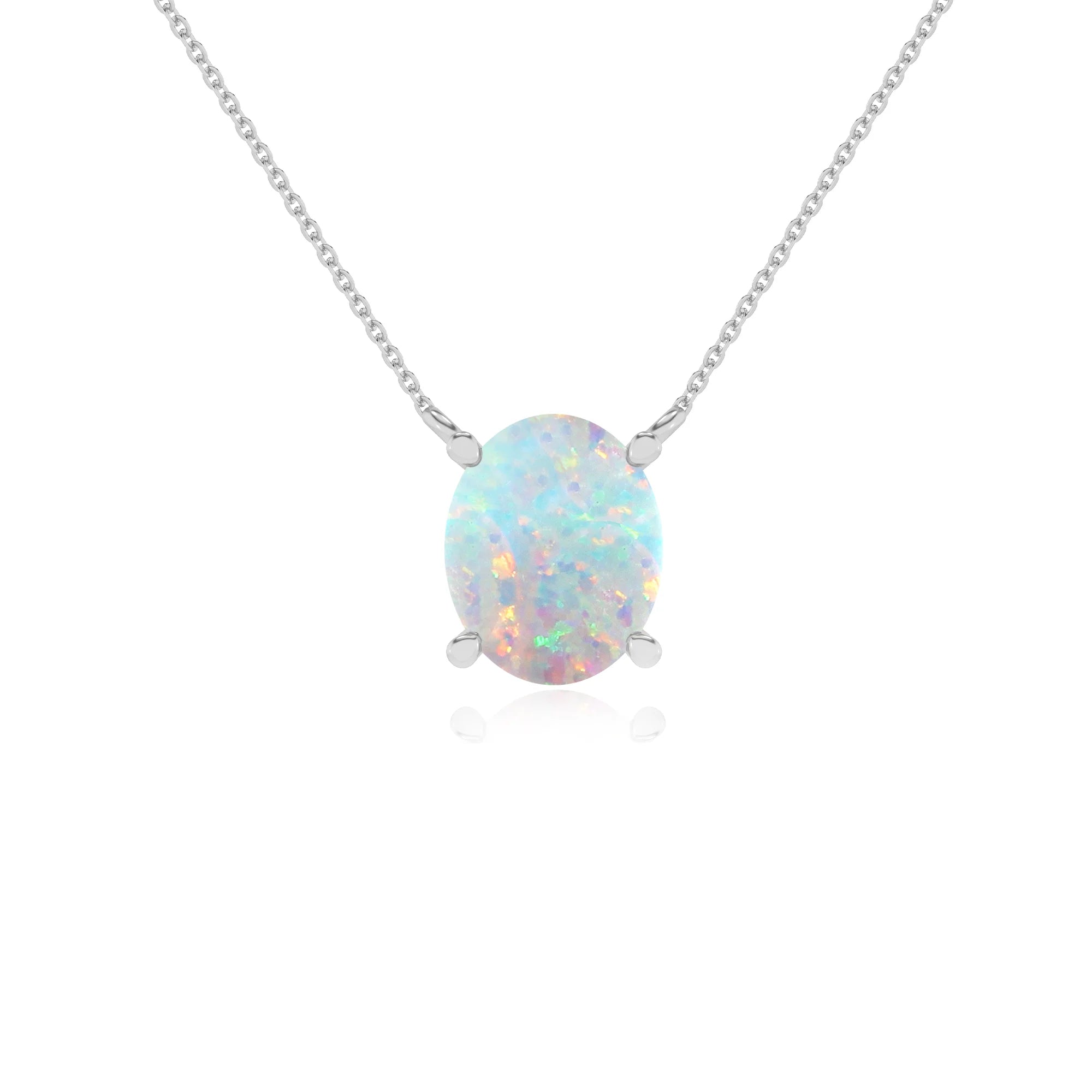 lab grown opal oval solitaire necklaces in white gold