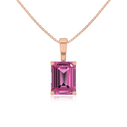 lab grown pink-sapphire emerald cut solitaire necklaces in rose gold