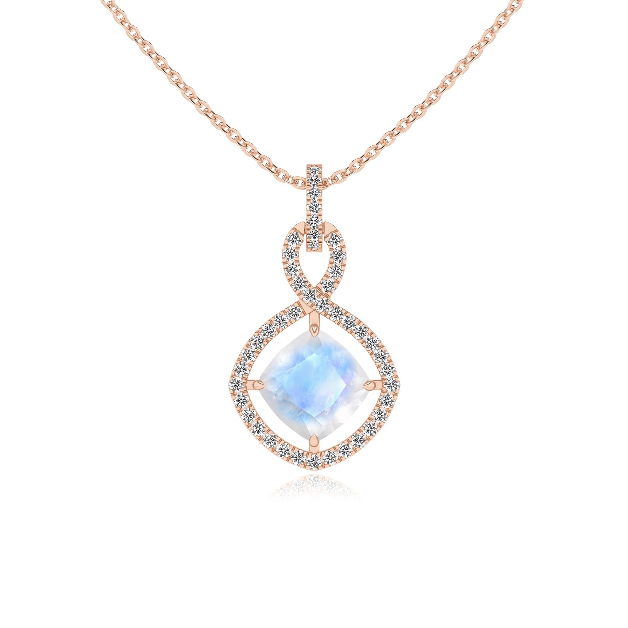 natural rainbow-moonstone cushion infinity necklaces in rose gold