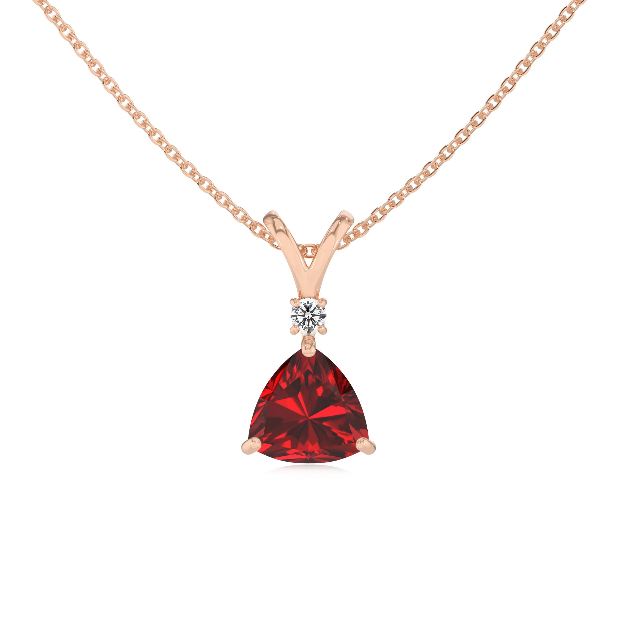 lab grown ruby trillion solitaire v-bale necklaces in rose gold