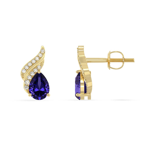 lab grown tanzanite pear stud earrings in yellow gold