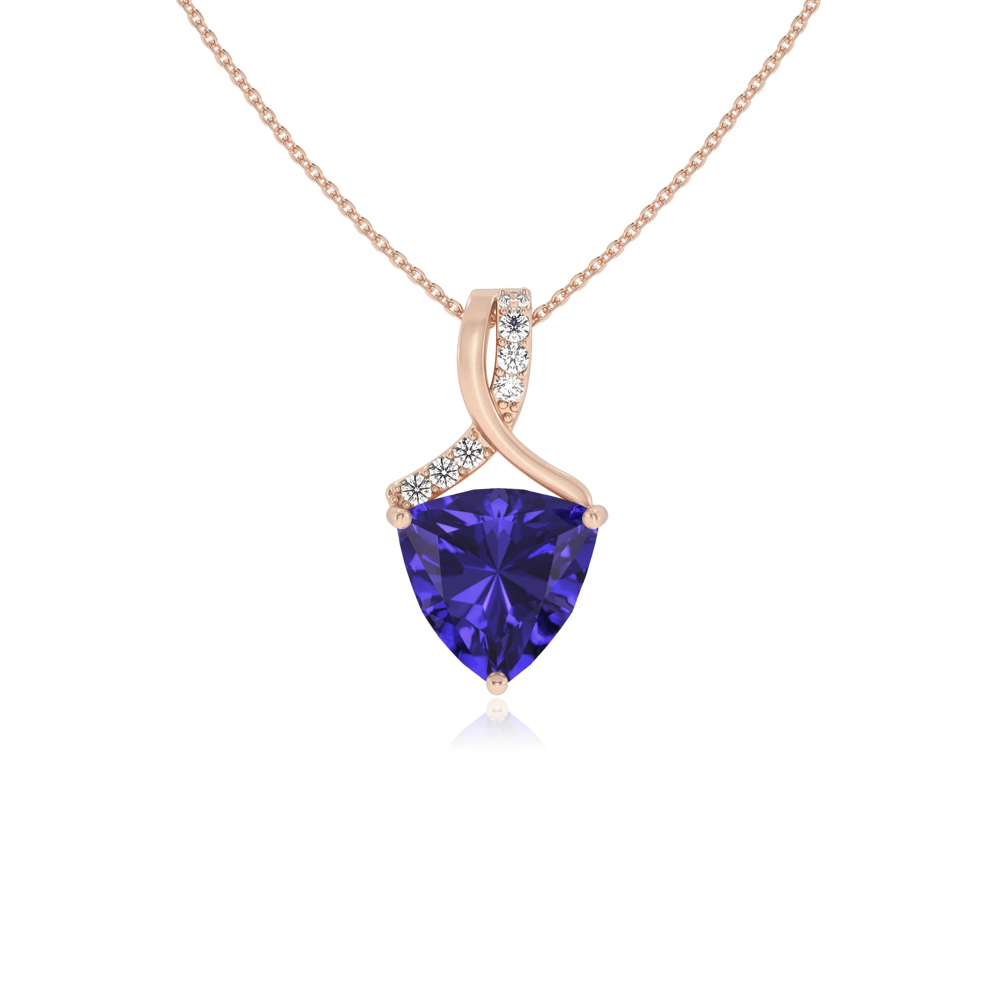 lab grown tanzanite trillion solitaire necklaces in rose gold