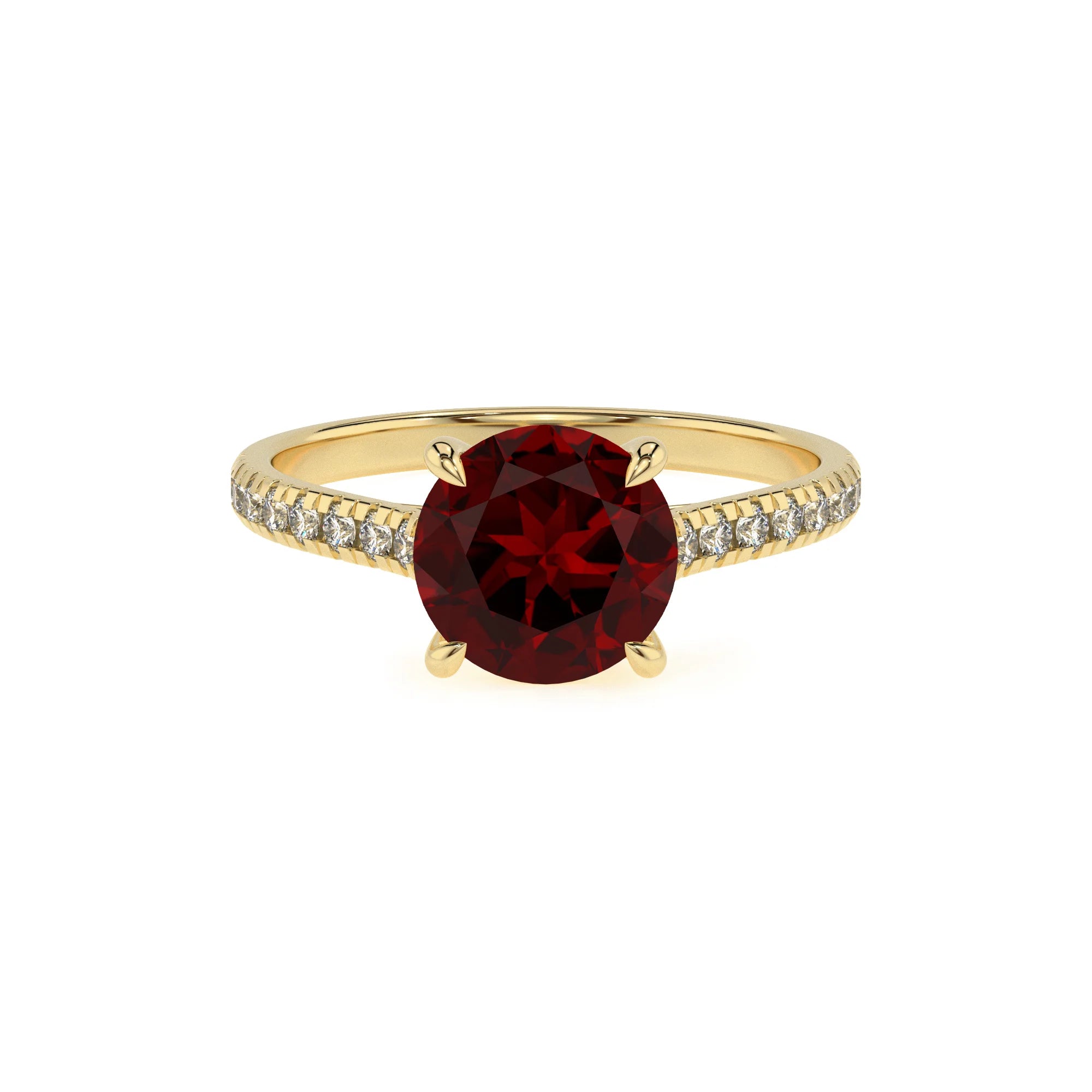 natural garnet round half eternity solitaire engagement rings in yellow gold
