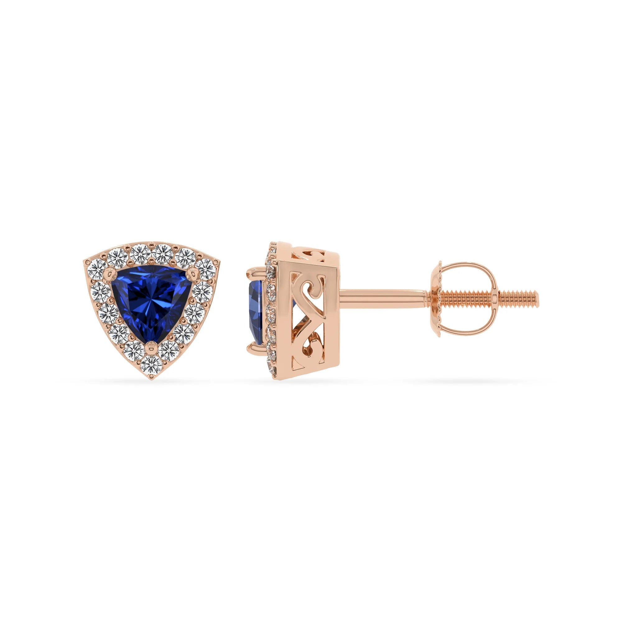 lab grown blue sapphire trillion stud earrings in rose gold