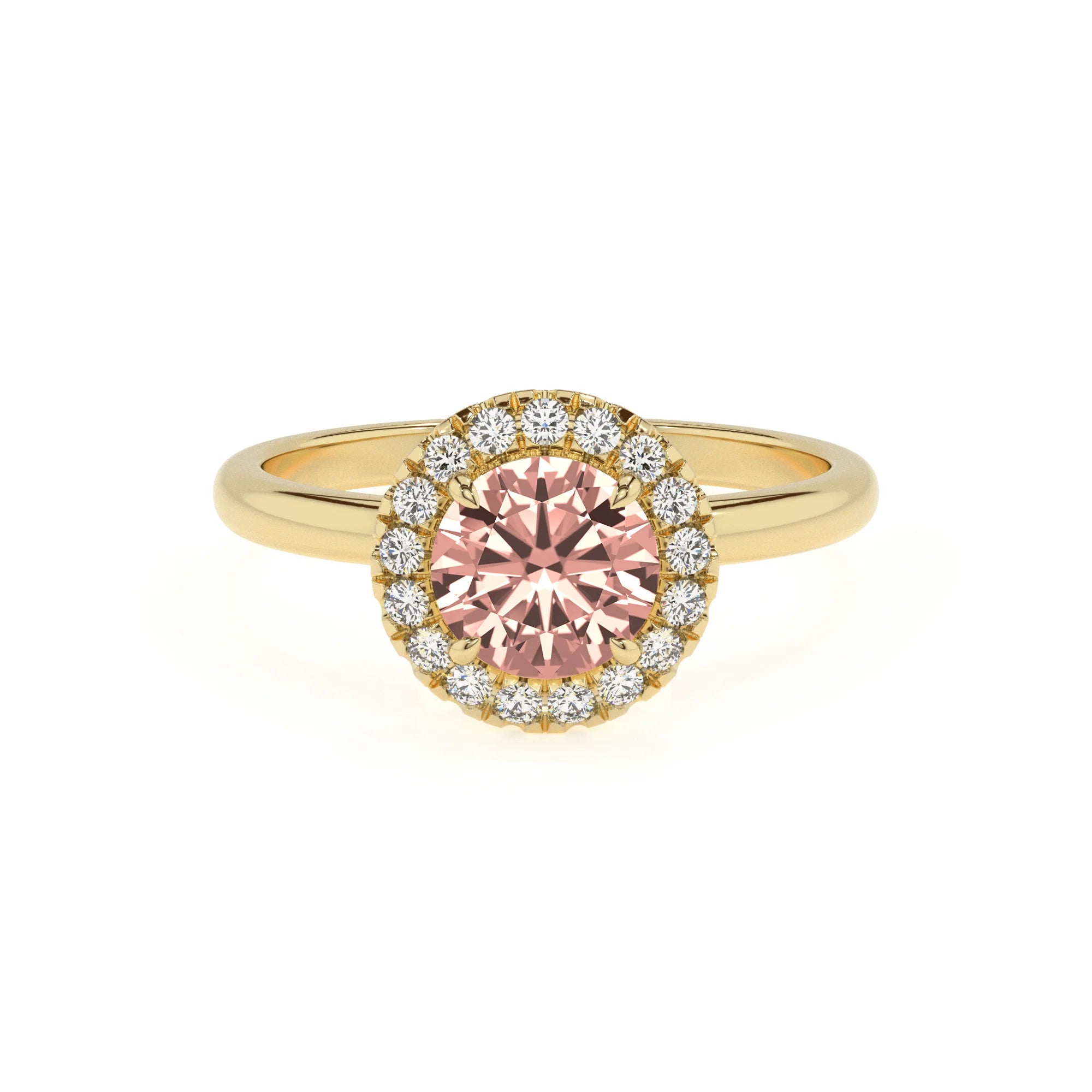 lab grown morganite round solitaire rings in yellow gold