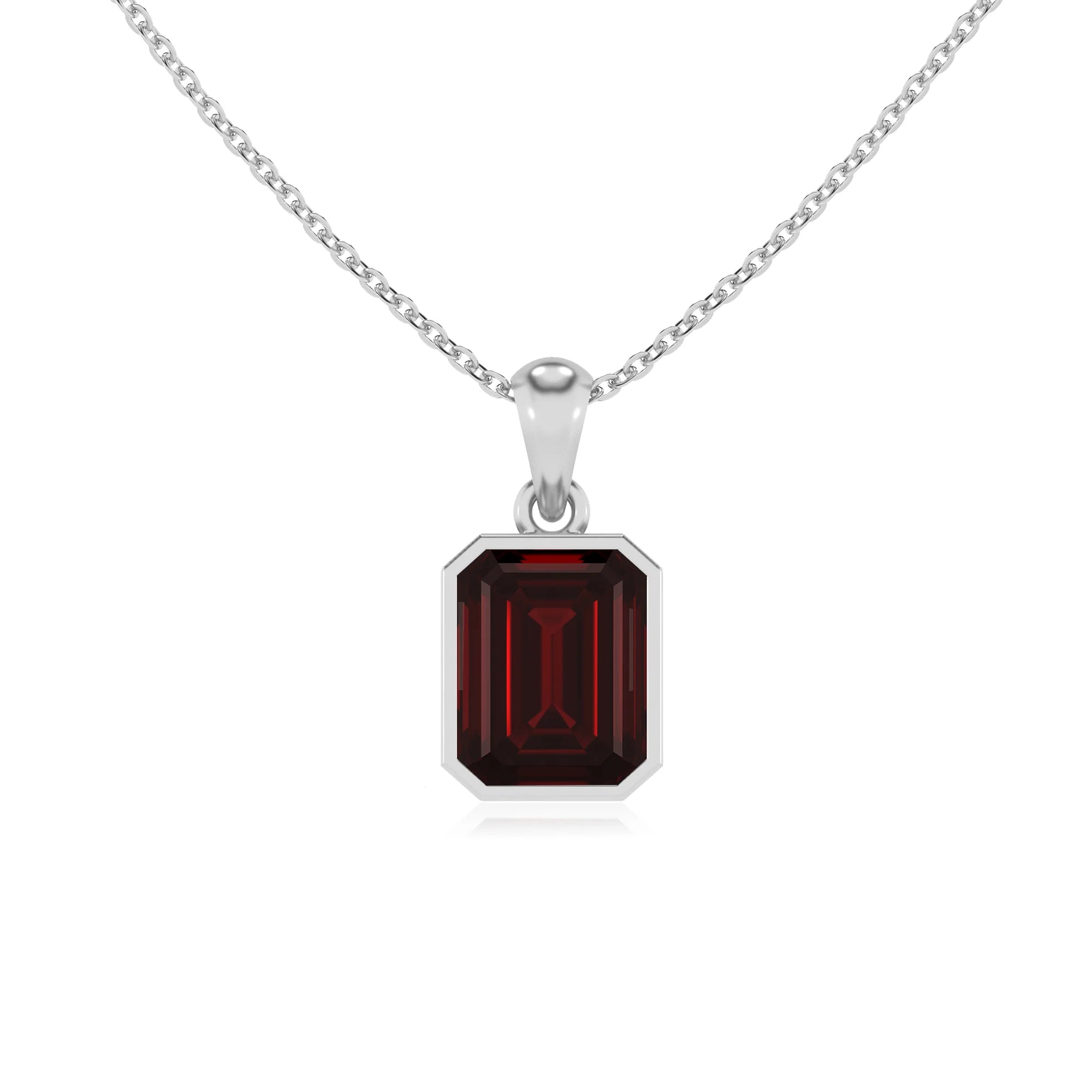 natural garnet emerald cut solitaire necklaces in platinum