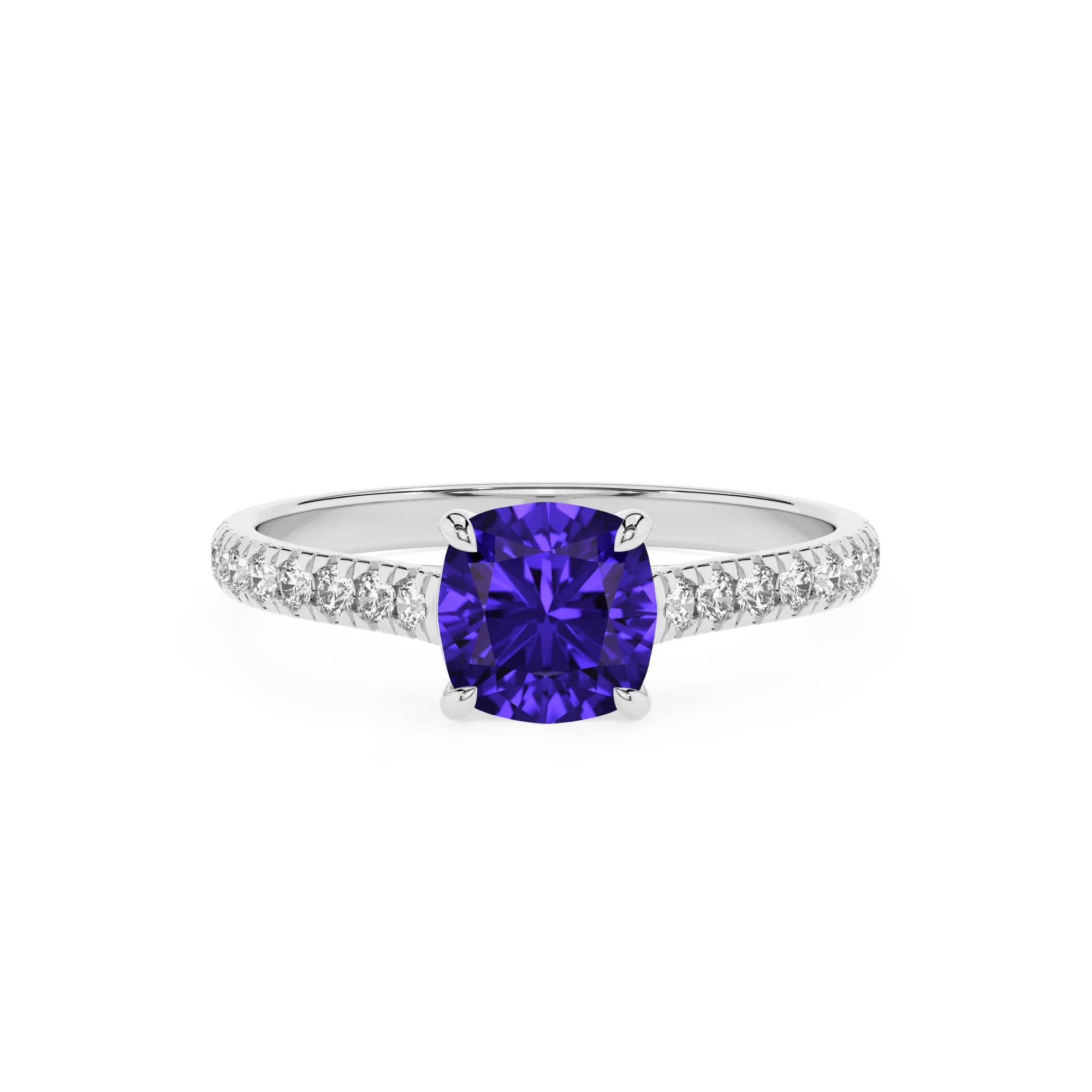 lab grown tanzanite cushion half eternity solitaire engagement rings in sterling silver