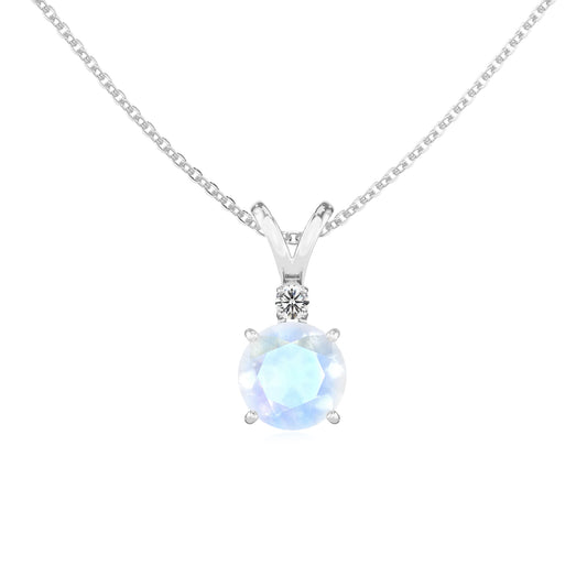 natural rainbow-moonstone round solitaire v-bale necklaces in white gold