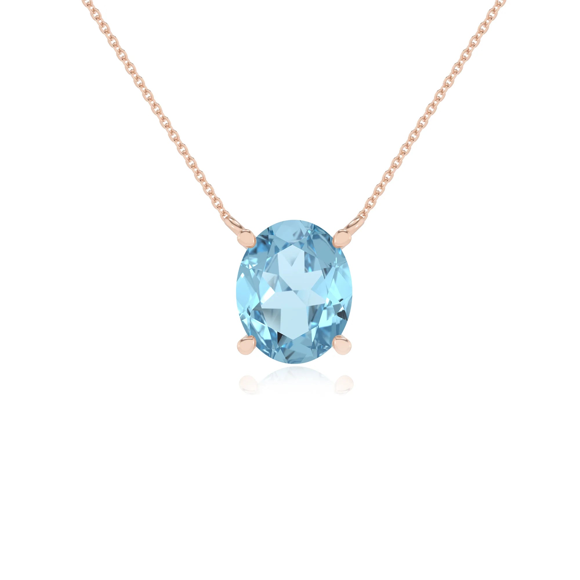 lab grown aquamarine oval solitaire necklaces in rose gold