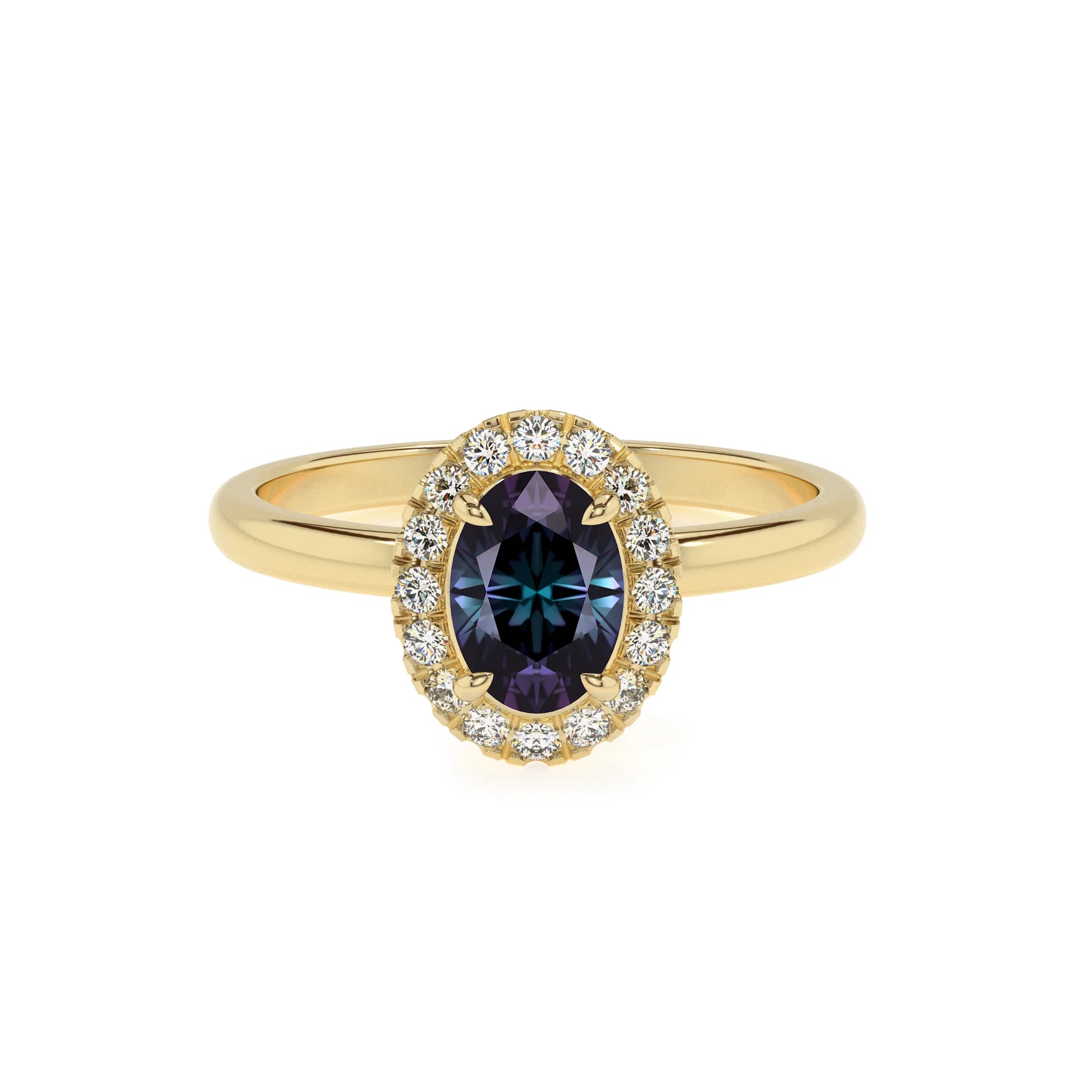 lab grown alexandrite oval solitaire rings in yellow gold