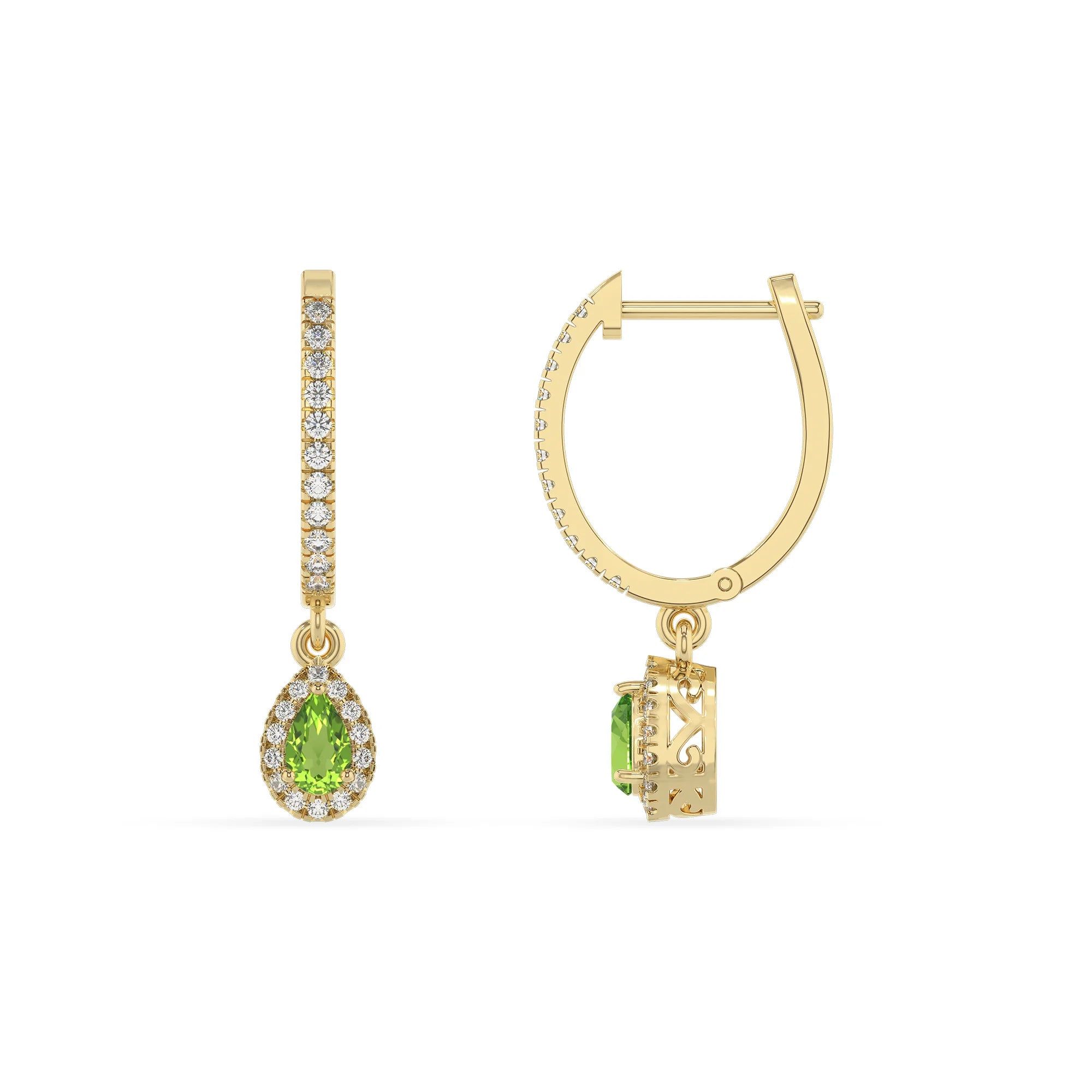 natural peridot pear drop earrings in yellow gold