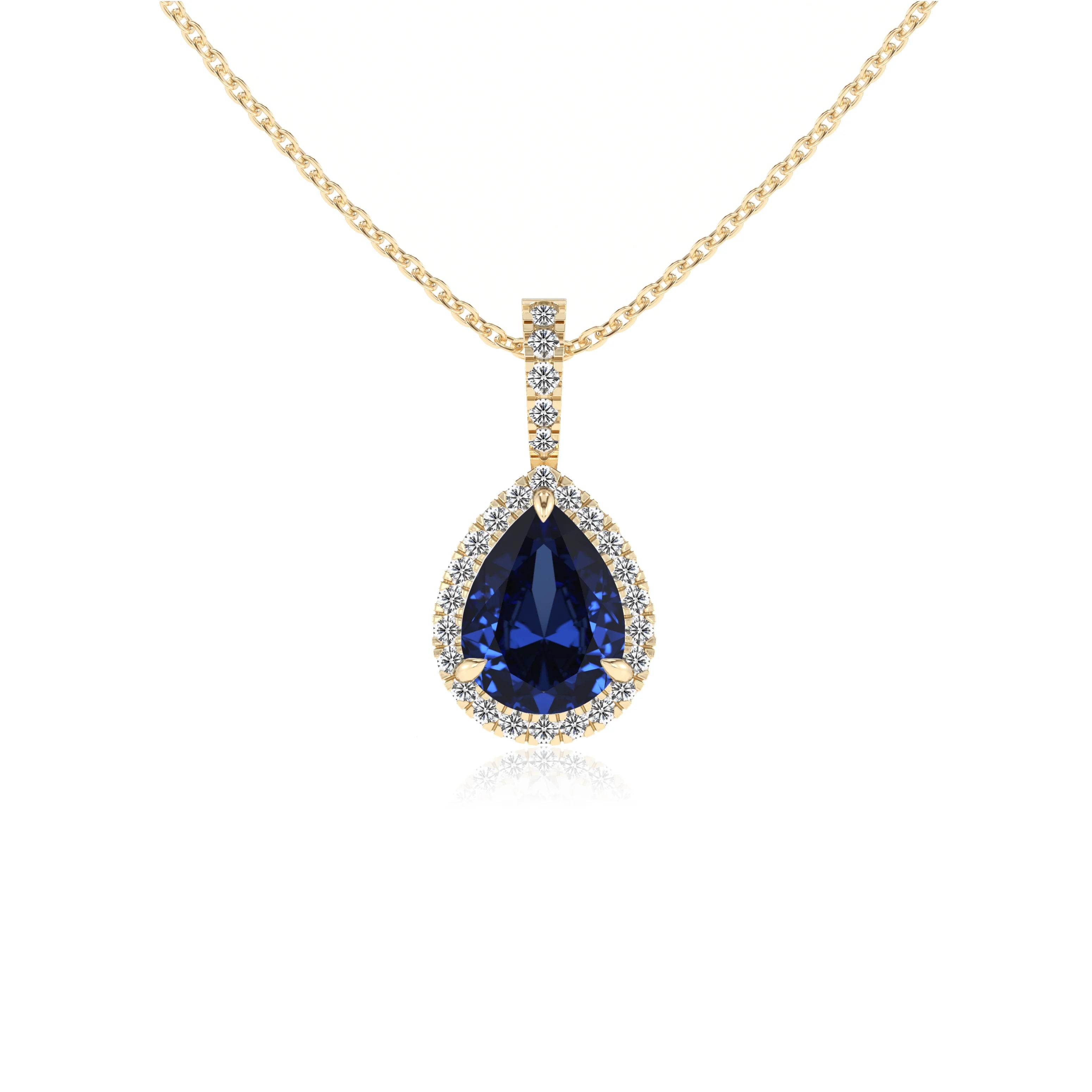 lab grown blue-sapphire pear solitaire necklaces in yellow gold