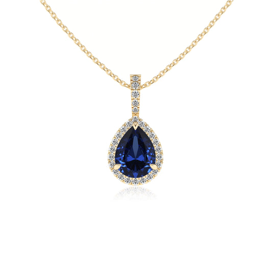 lab grown blue-sapphire pear solitaire necklaces in yellow gold