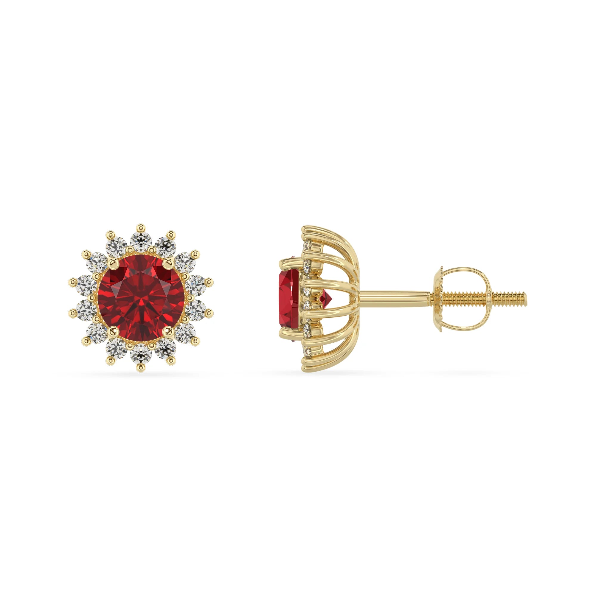 lab grown ruby round stud earrings in yellow gold
