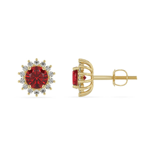 lab grown ruby round stud earrings in yellow gold