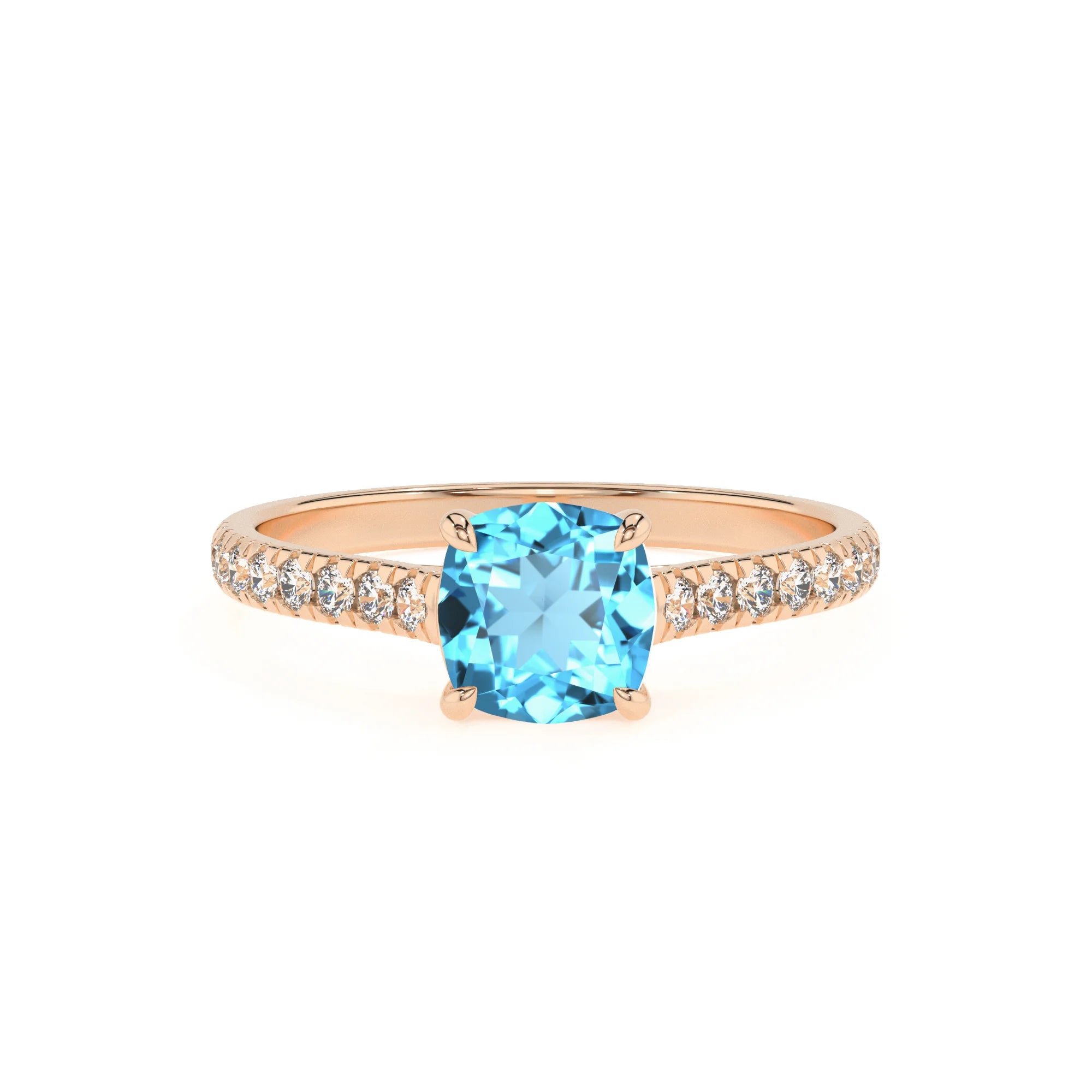 natural swiss-blue-topaz cushion half eternity solitaire engagement rings in rose gold