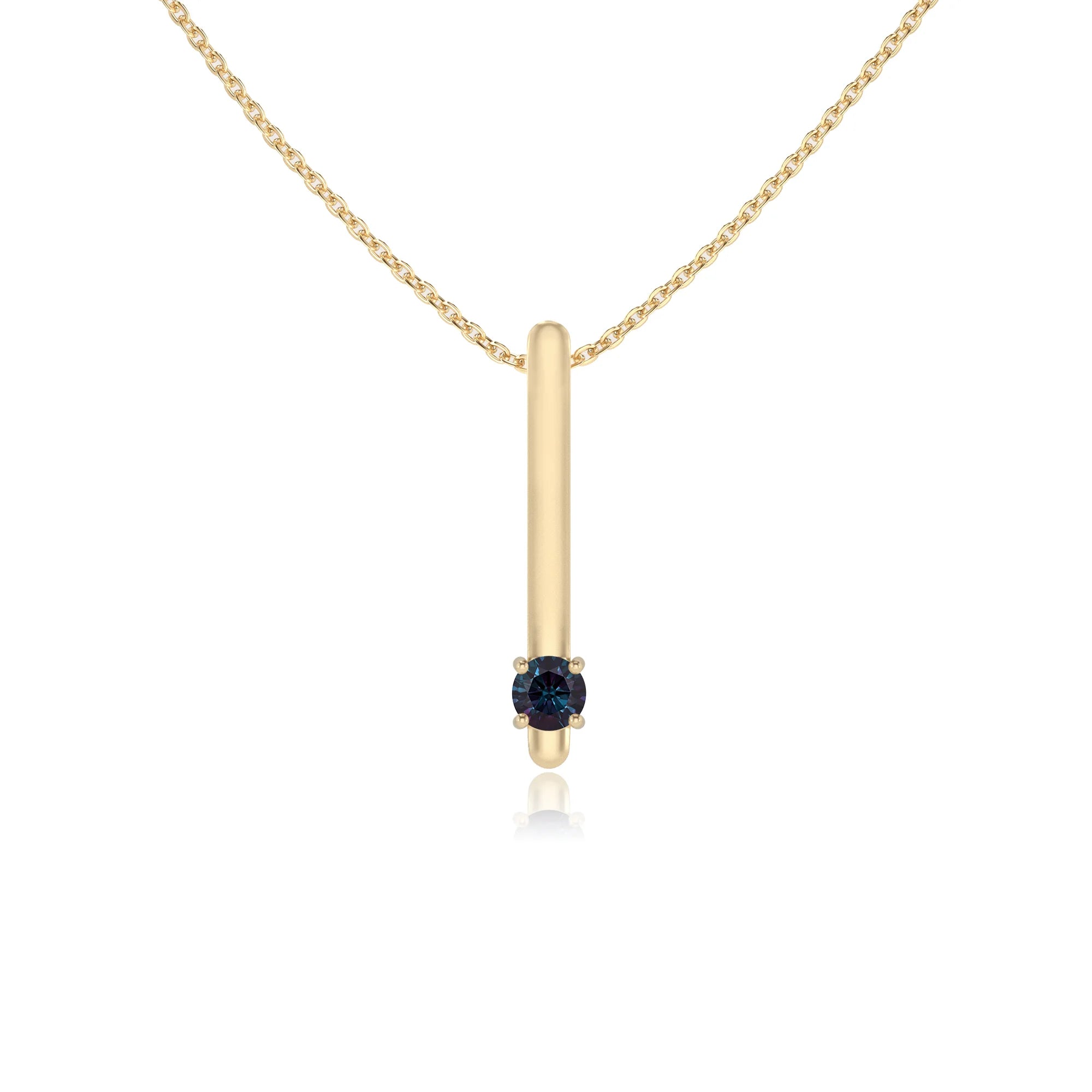 lab grown alexandrite round bar necklaces in yellow gold