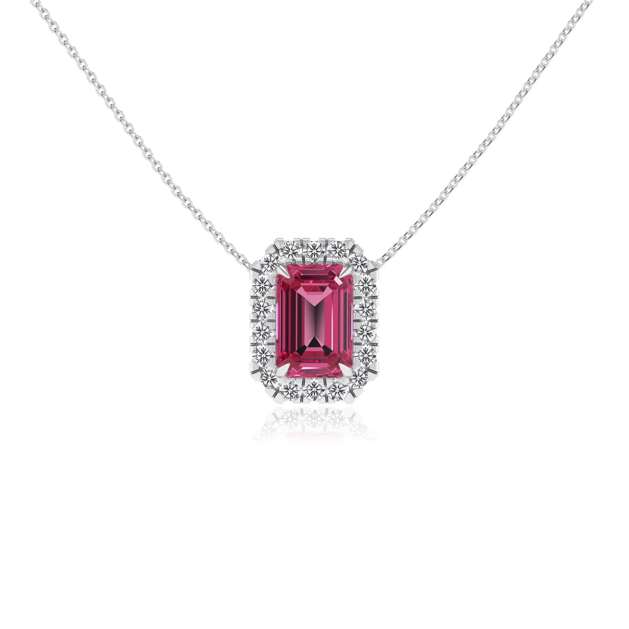 lab grown pink tourmaline emerald cut solitaire necklaces in platinum