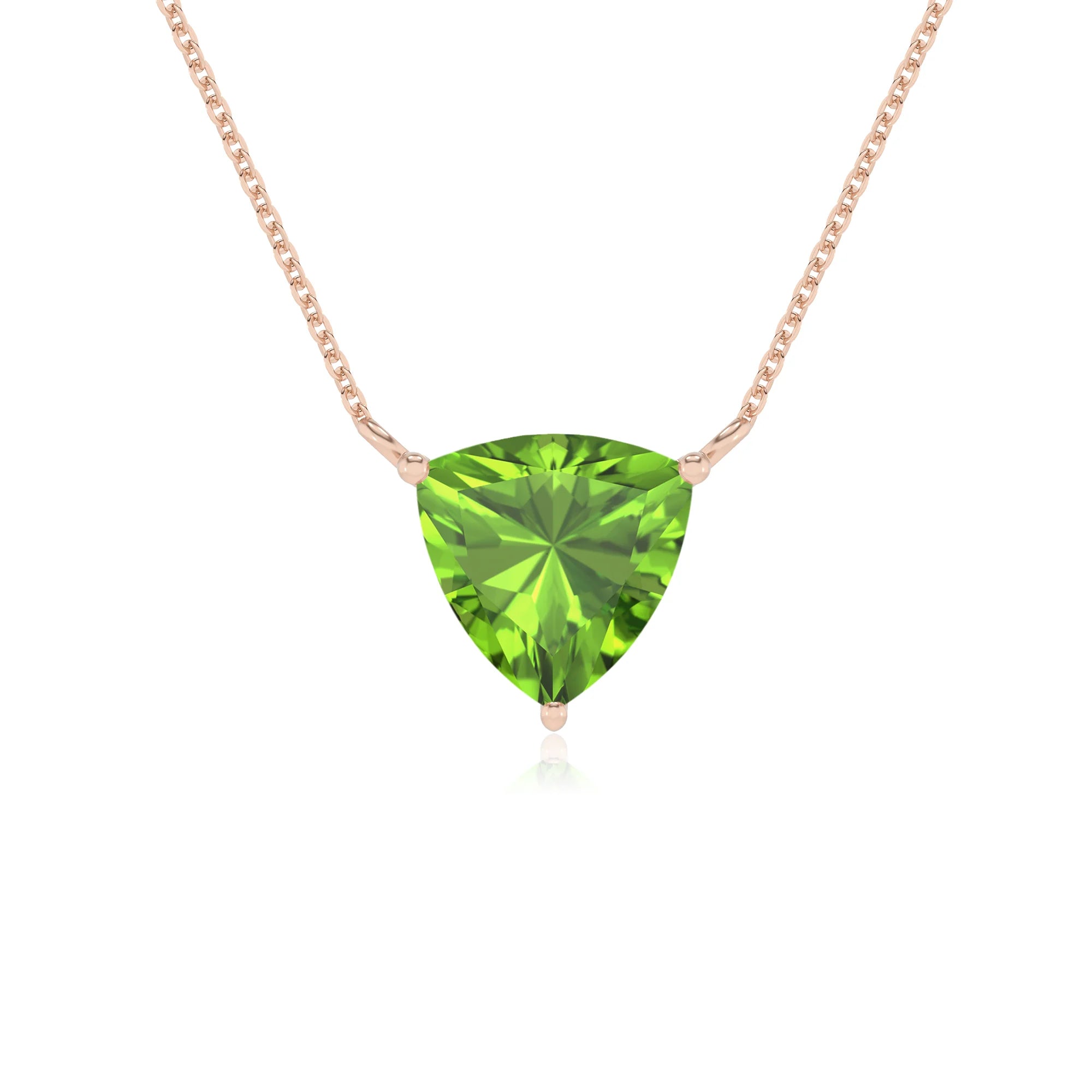 natural peridot trillion solitaire necklaces in rose gold