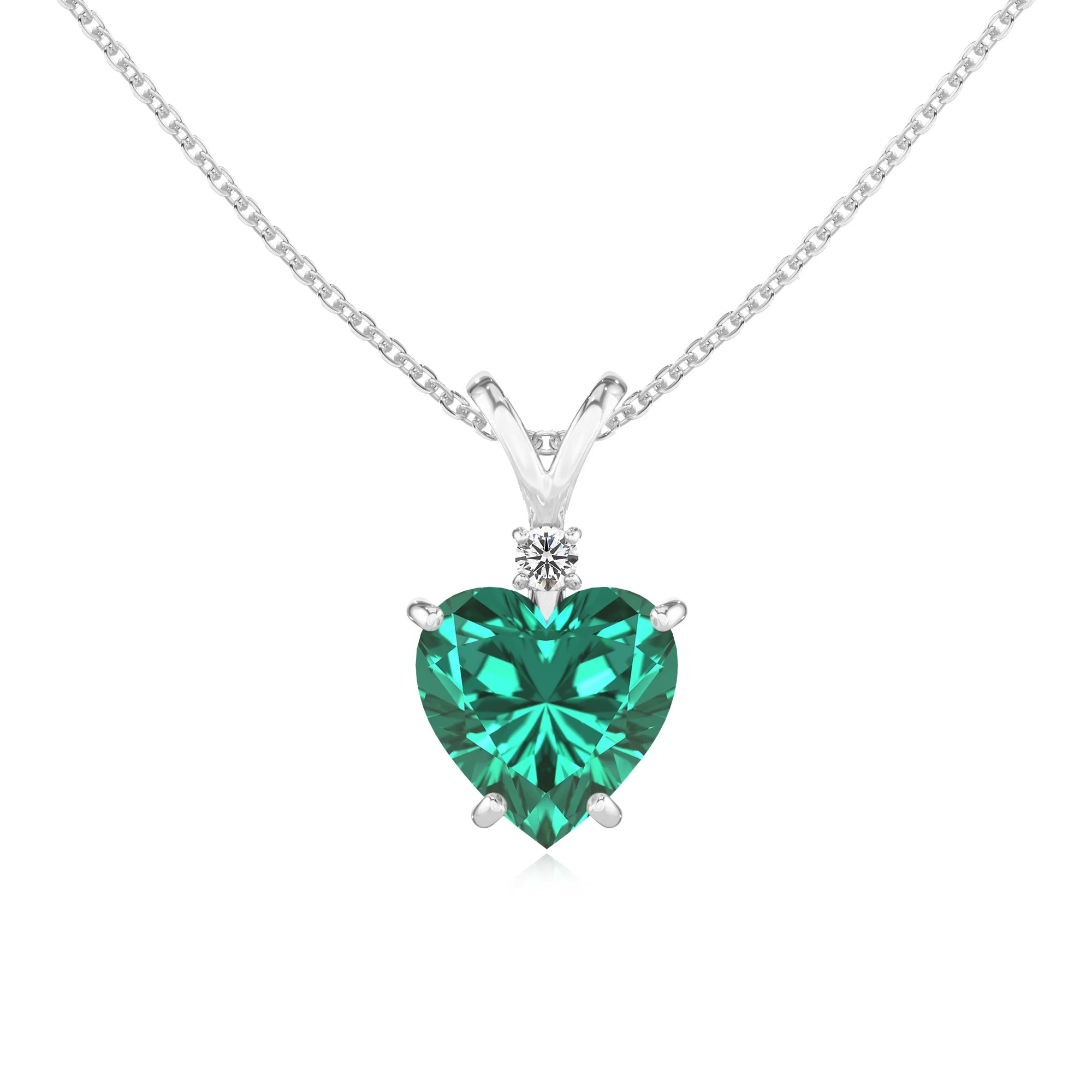 lab grown emerald heart solitaire v-bale necklaces in white gold