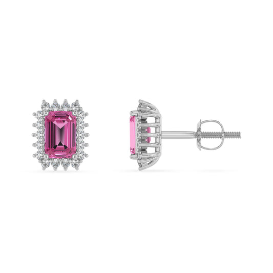 lab grown pink sapphire emerald cut stud earrings in platinum