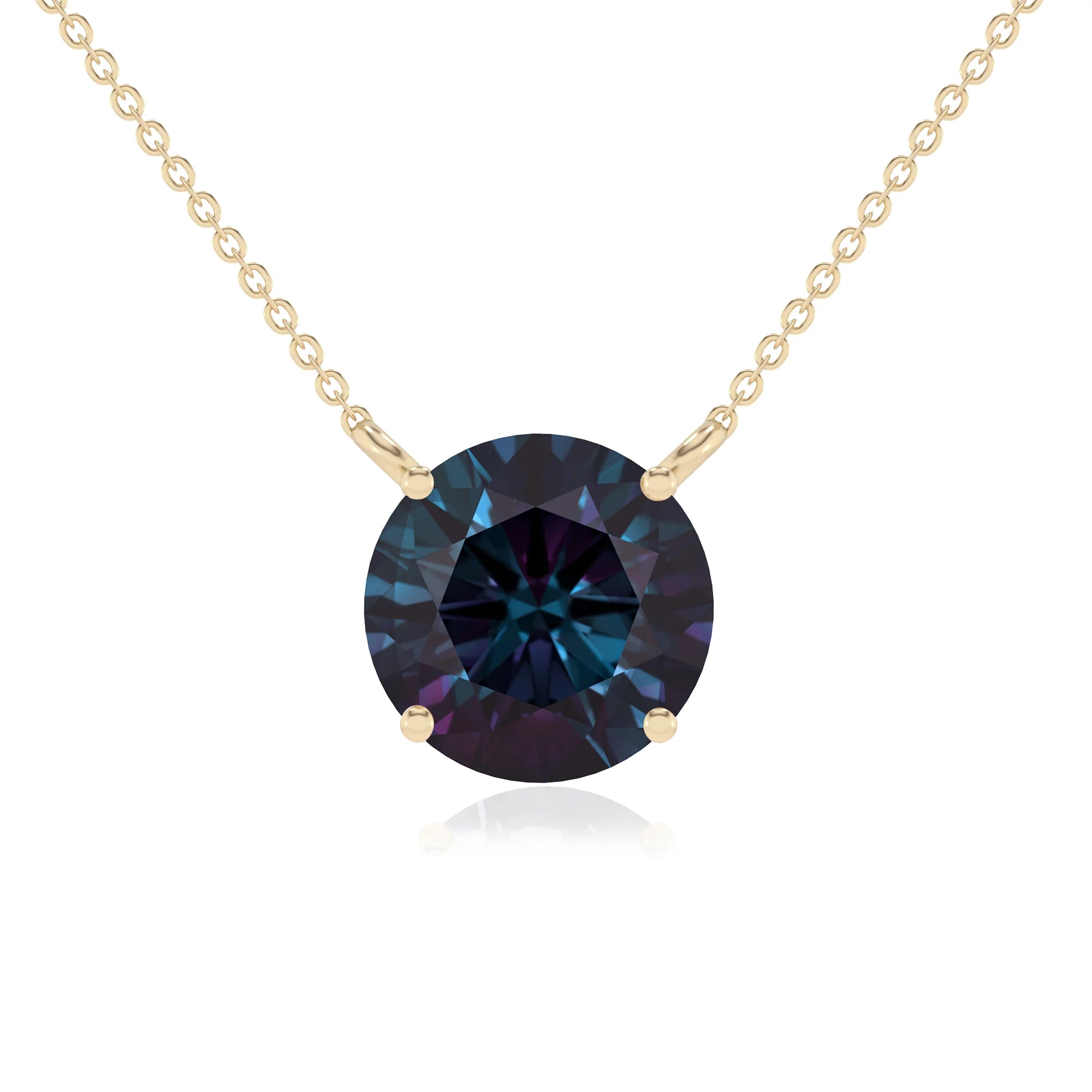 lab grown alexandrite round solitaire necklaces in yellow gold