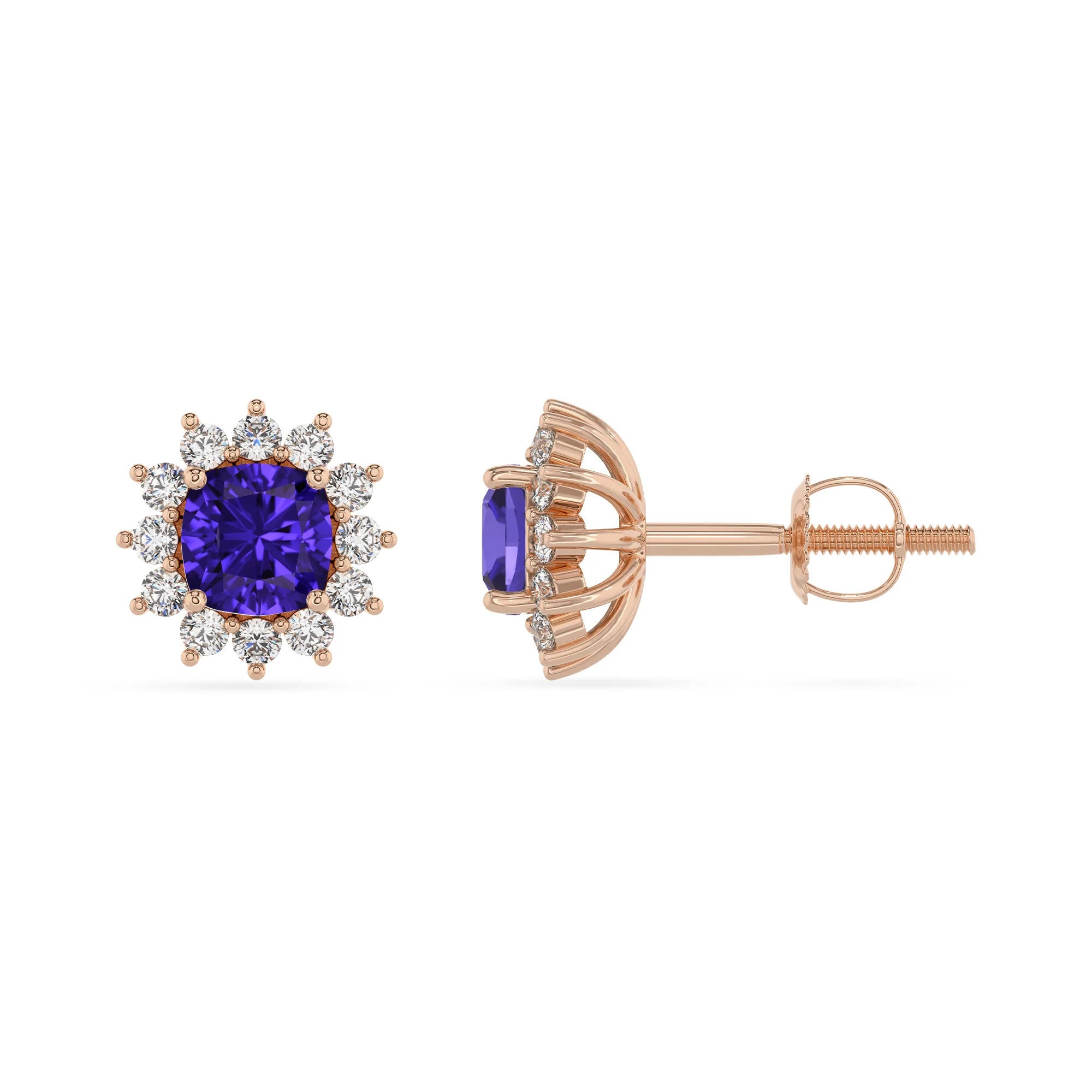 lab grown tanzanite cushion stud earrings in rose gold