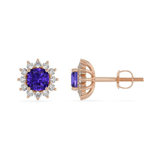 lab grown tanzanite cushion stud earrings in rose gold