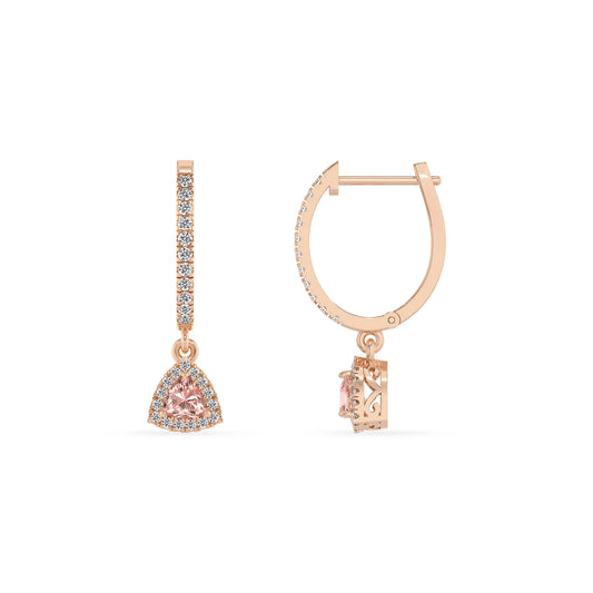 lab grown morganite trillion drop earrings in rose gold