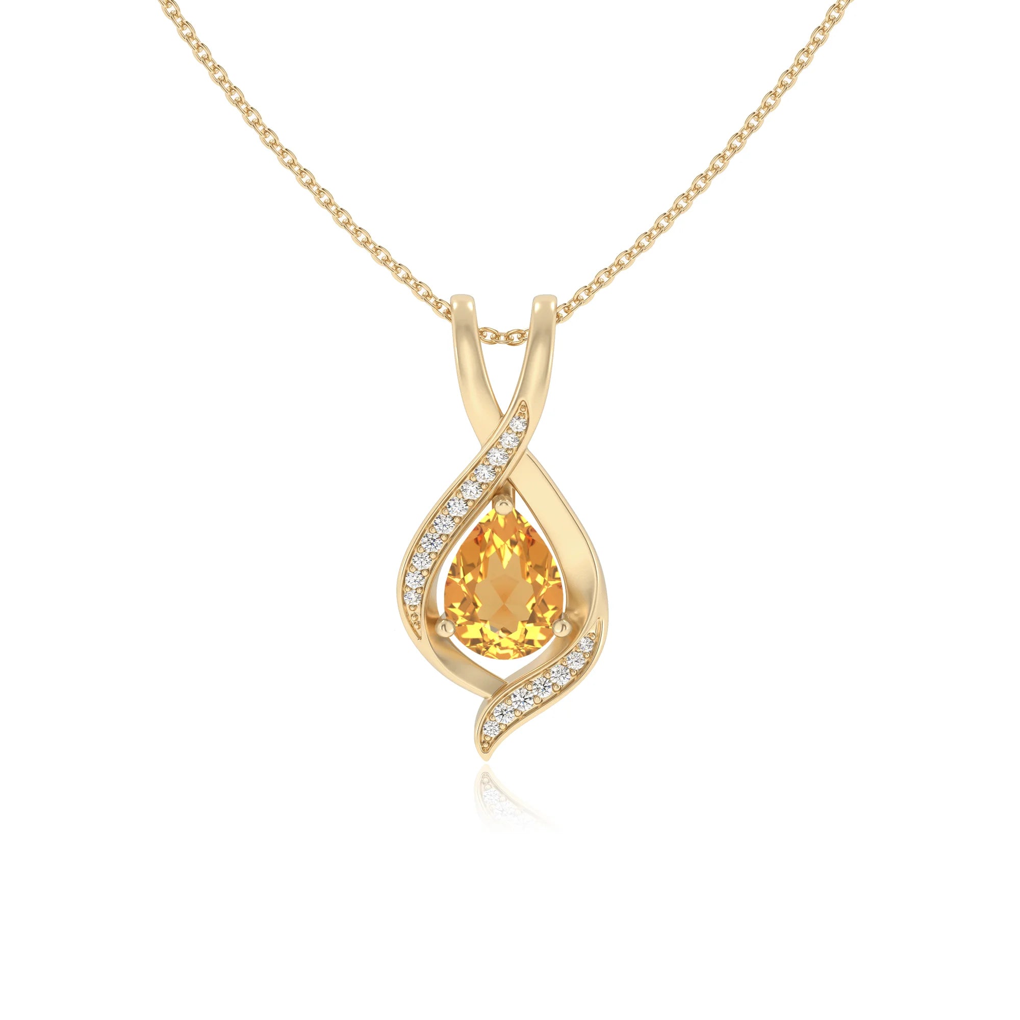 lab grown citrine pear solitaire necklaces in yellow gold
