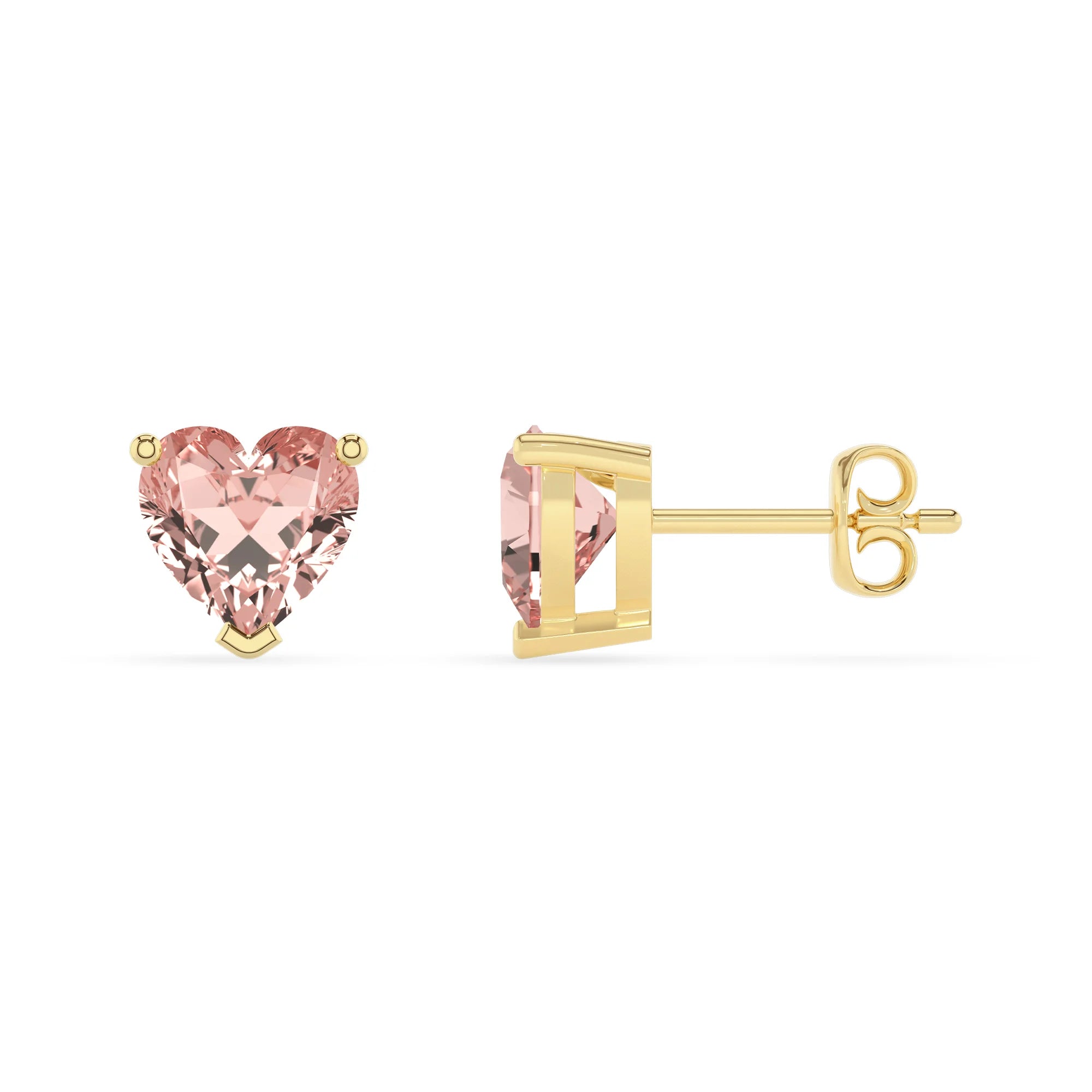lab grown morganite heart stud earrings in yellow gold